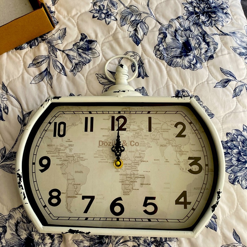 Doxily Clock with map on facing. New still in box. White and black.